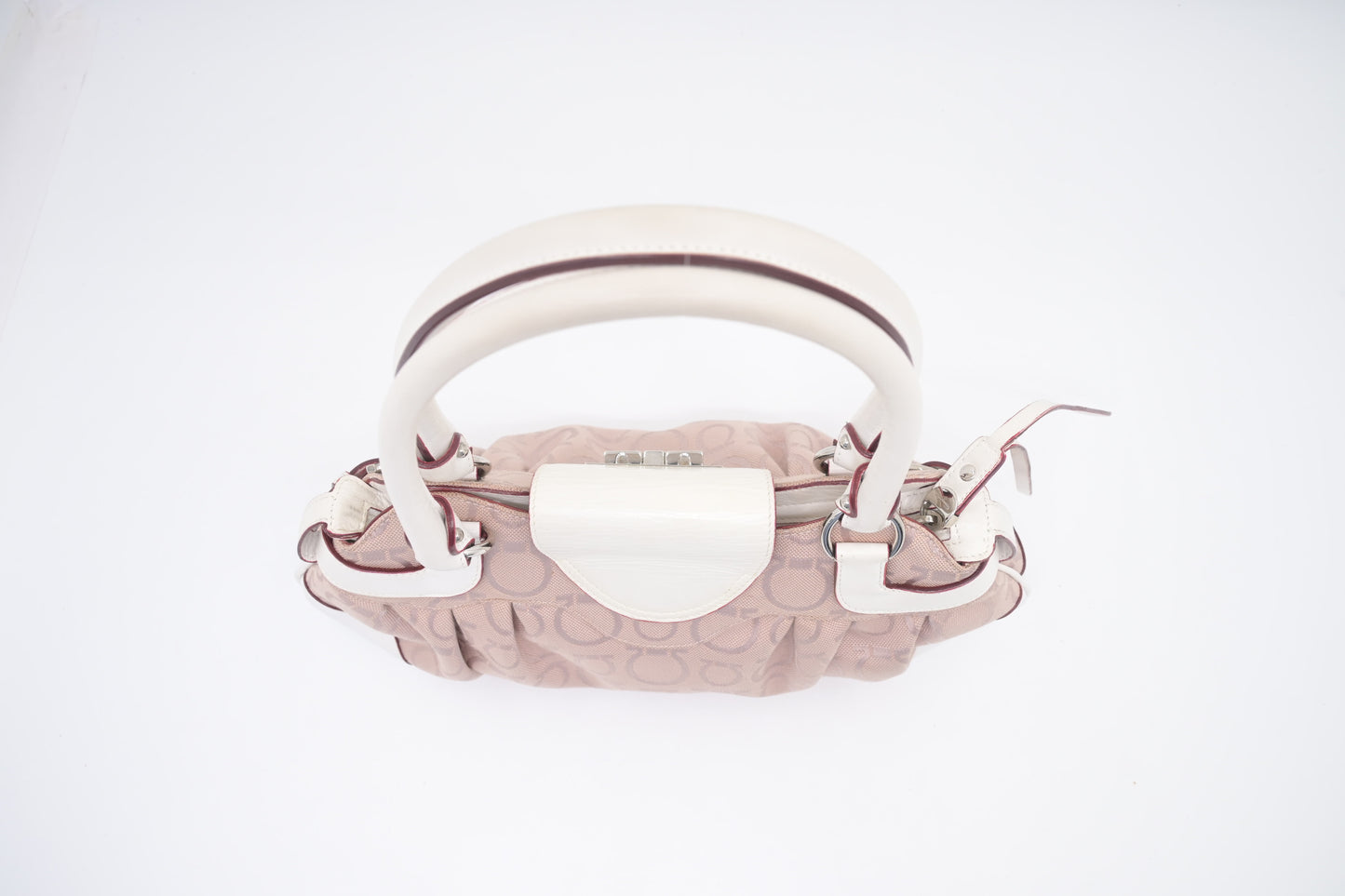 Ferragamo Gancini Shoulder Bag in Pink Canvas and White Leather