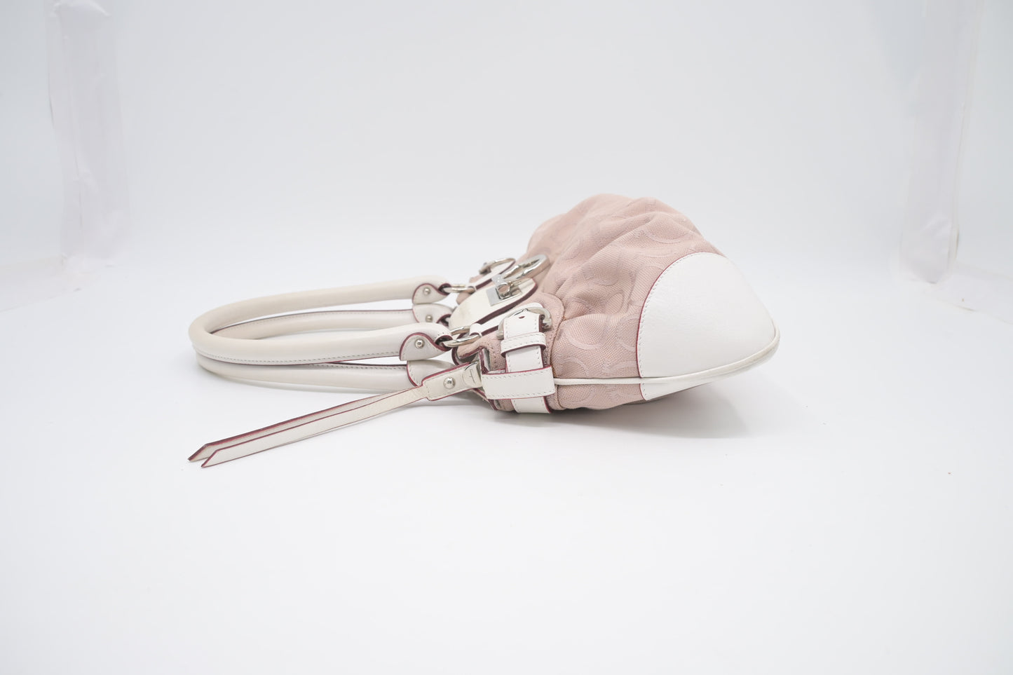 Ferragamo Gancini Shoulder Bag in Pink Canvas and White Leather