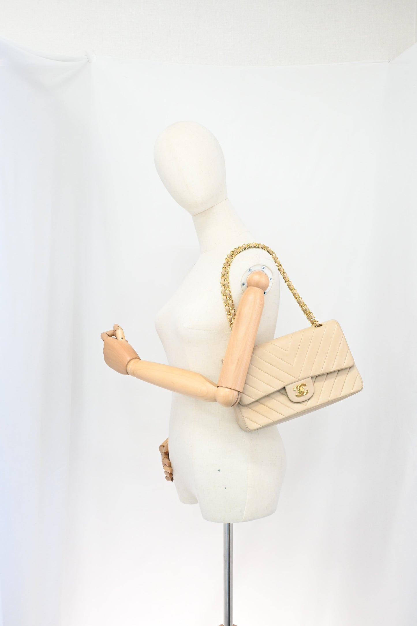Chanel Medium Double Flap in Beige Chevron Leather