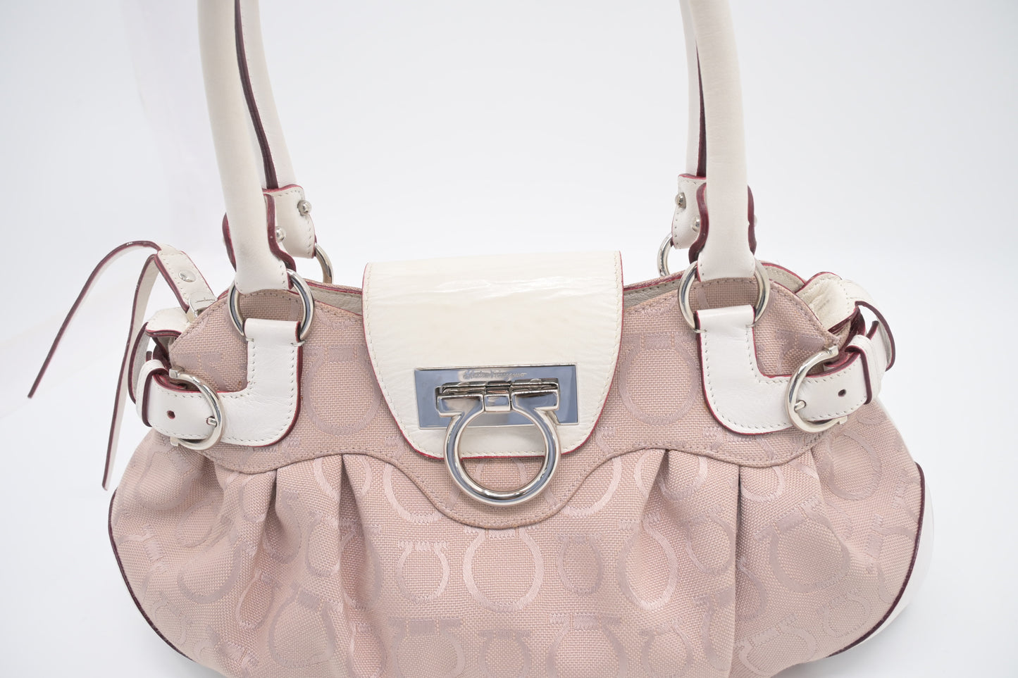 Ferragamo Gancini Shoulder Bag in Pink Canvas and White Leather
