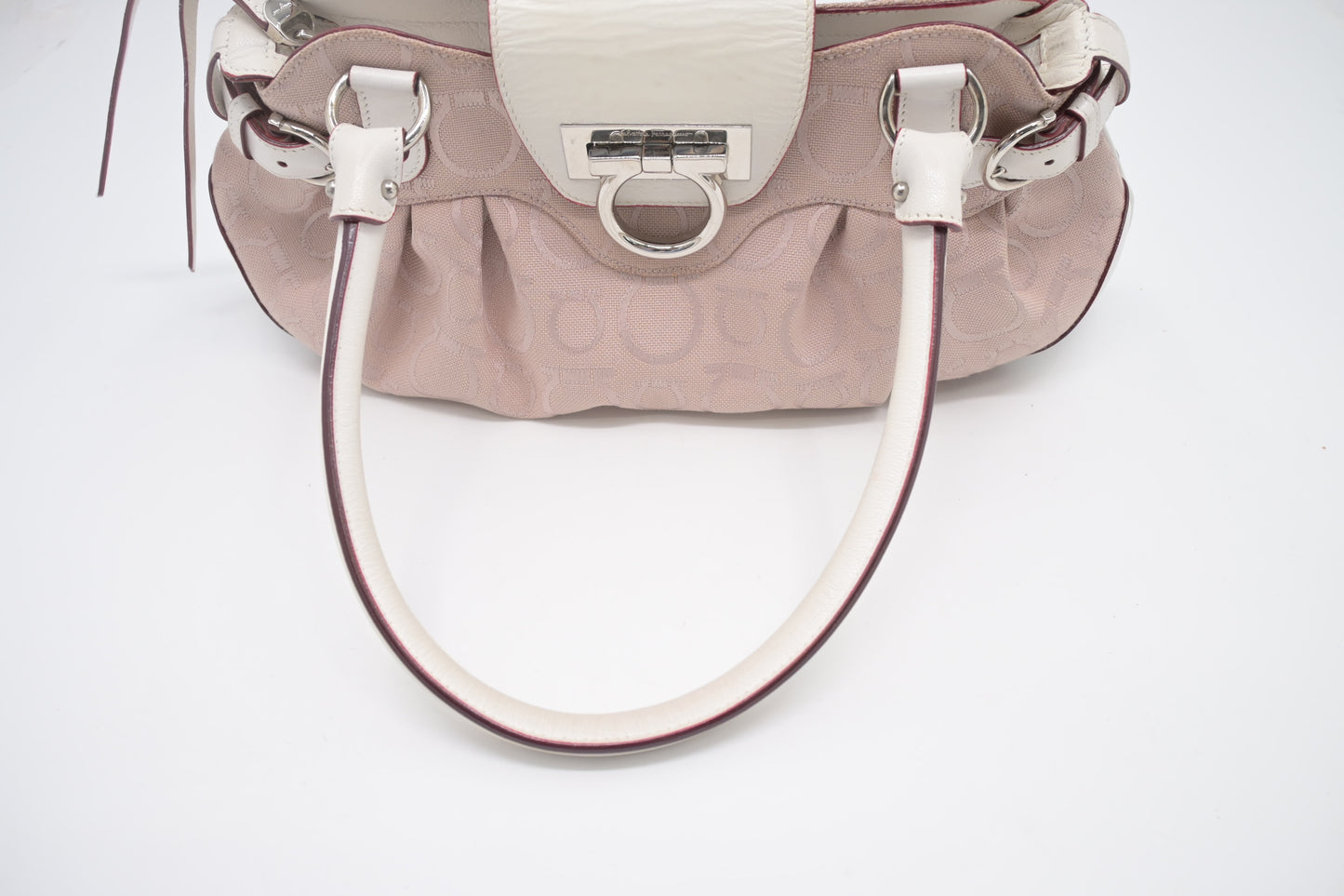 Ferragamo Gancini Shoulder Bag in Pink Canvas and White Leather