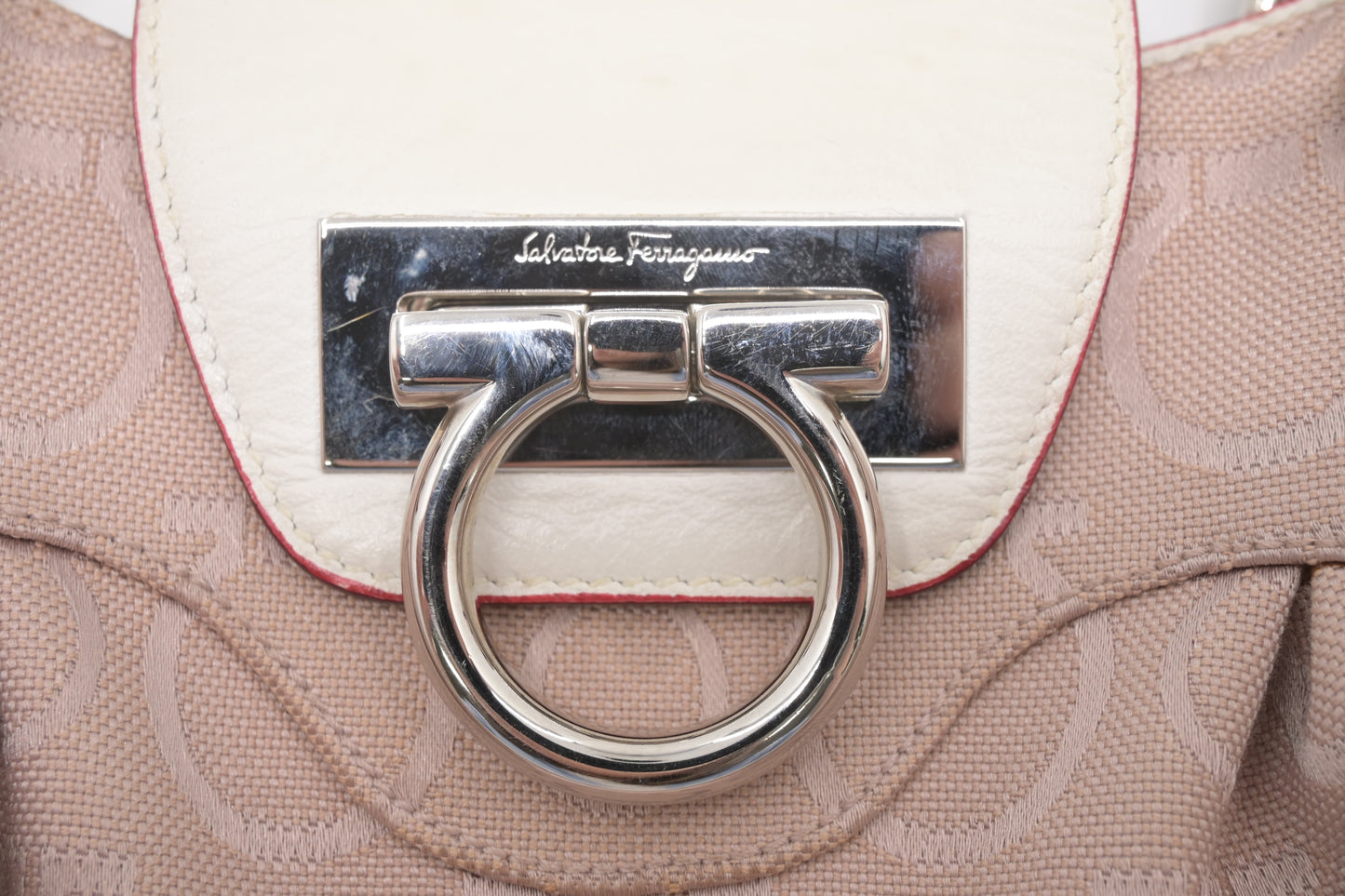 Ferragamo Gancini Shoulder Bag in Pink Canvas and White Leather