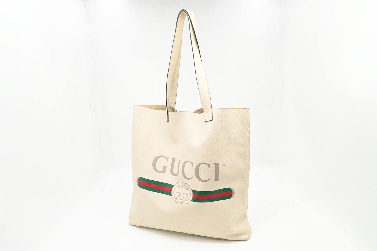 Gucci Logo Print Tote Bag in White Leather