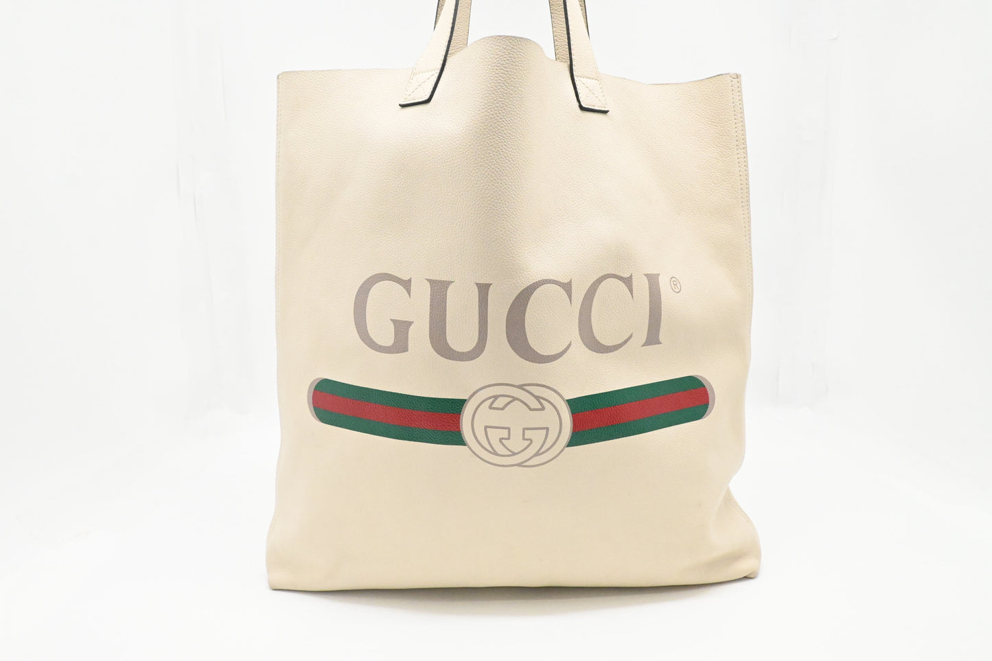 Gucci Logo Print Tote Bag in White Leather