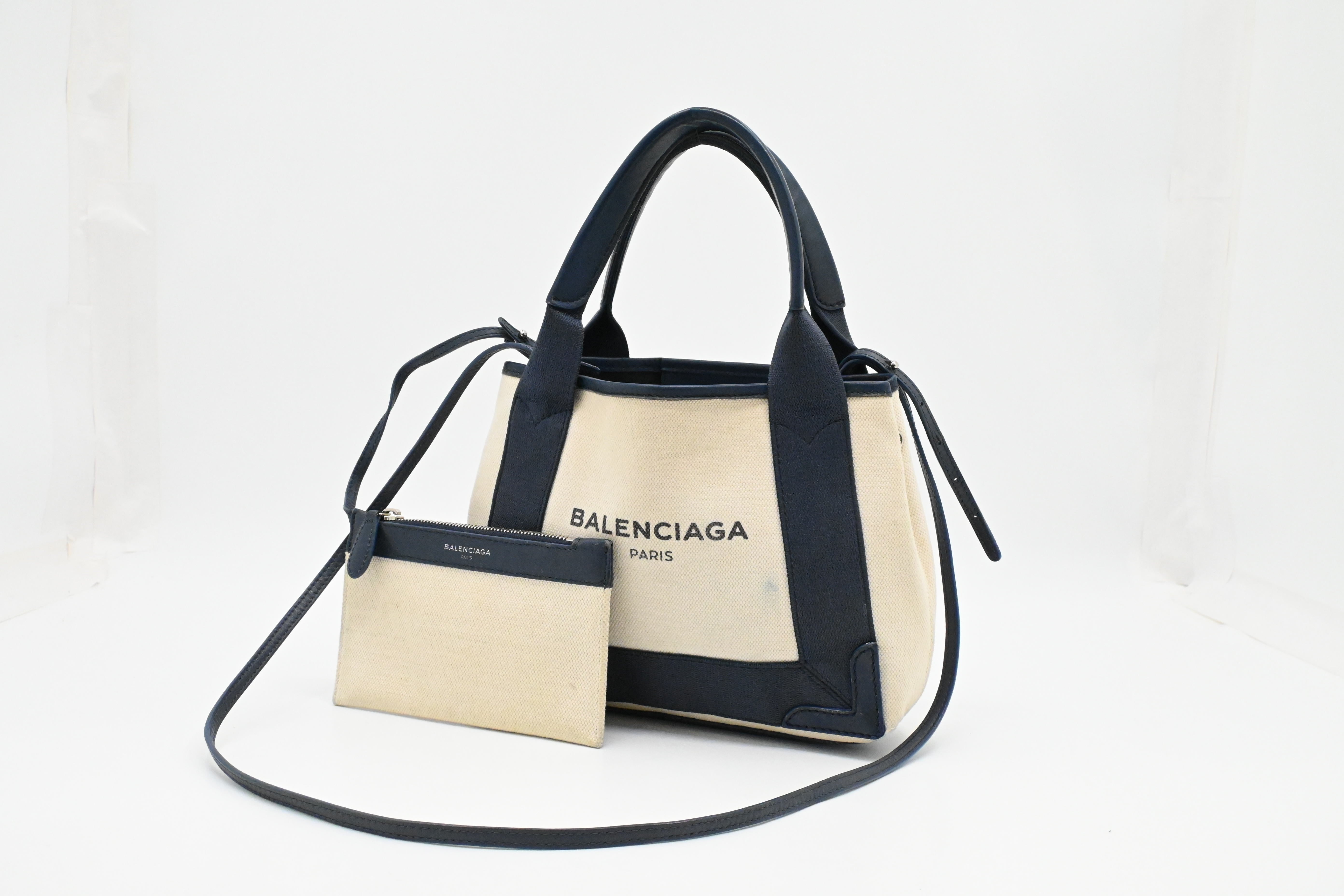 Balenciaga Cabas XS in White and Navy Blue Canvas – Weekly Lux Drop