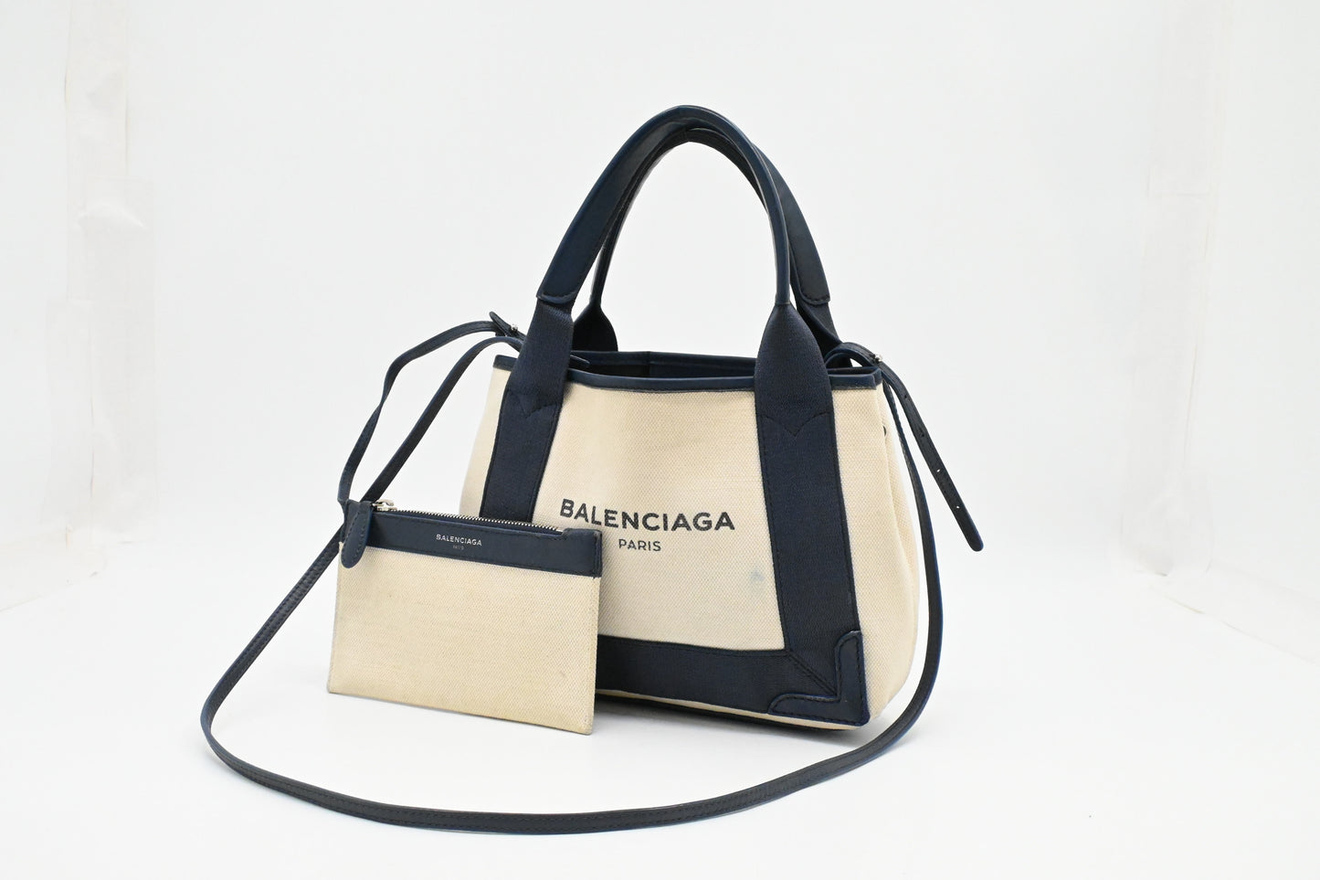 Balenciaga Cabas XS in White and Navy Blue Canvas