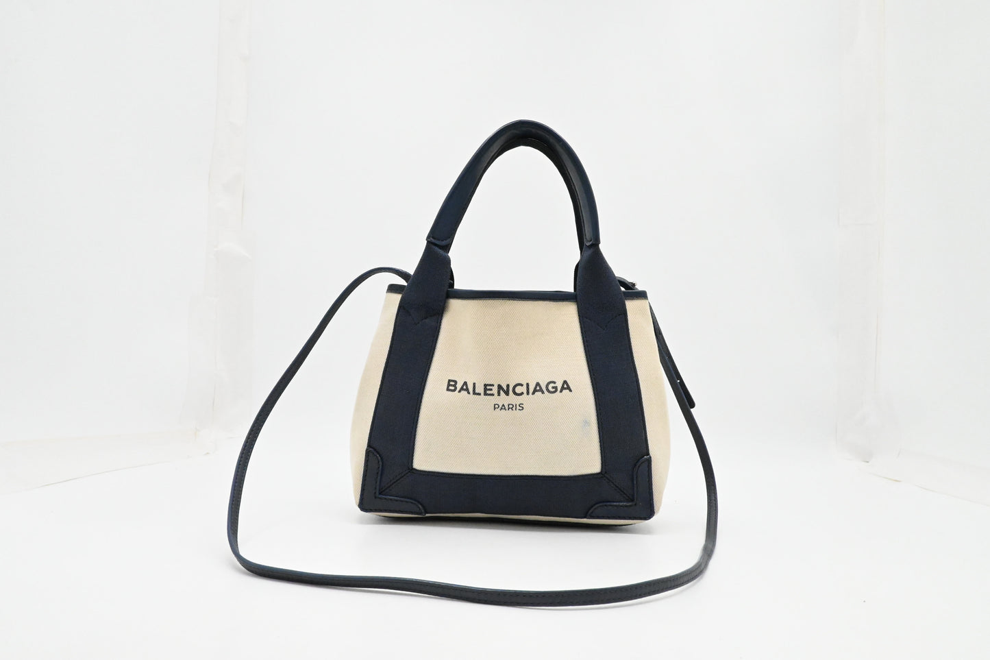 Balenciaga Cabas XS in White and Navy Blue Canvas