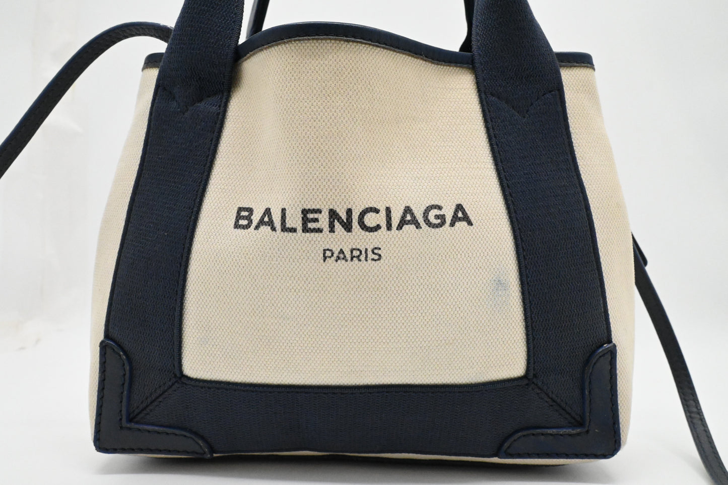 Balenciaga Cabas XS in White and Navy Blue Canvas