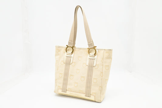 Ferragamo Shoulder Bag in Cream and Gold Canvas