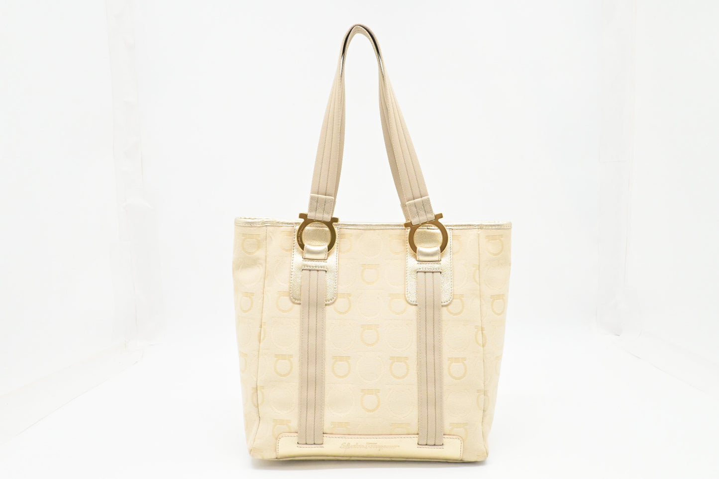 Ferragamo Shoulder Bag in Cream and Gold Canvas