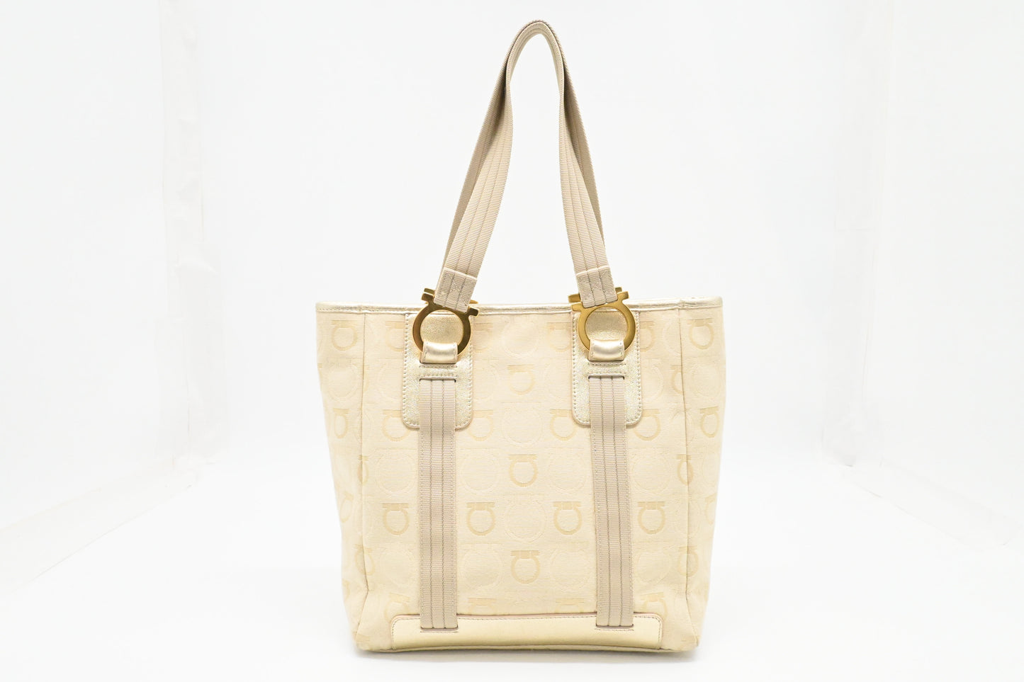 Ferragamo Shoulder Bag in Cream and Gold Canvas
