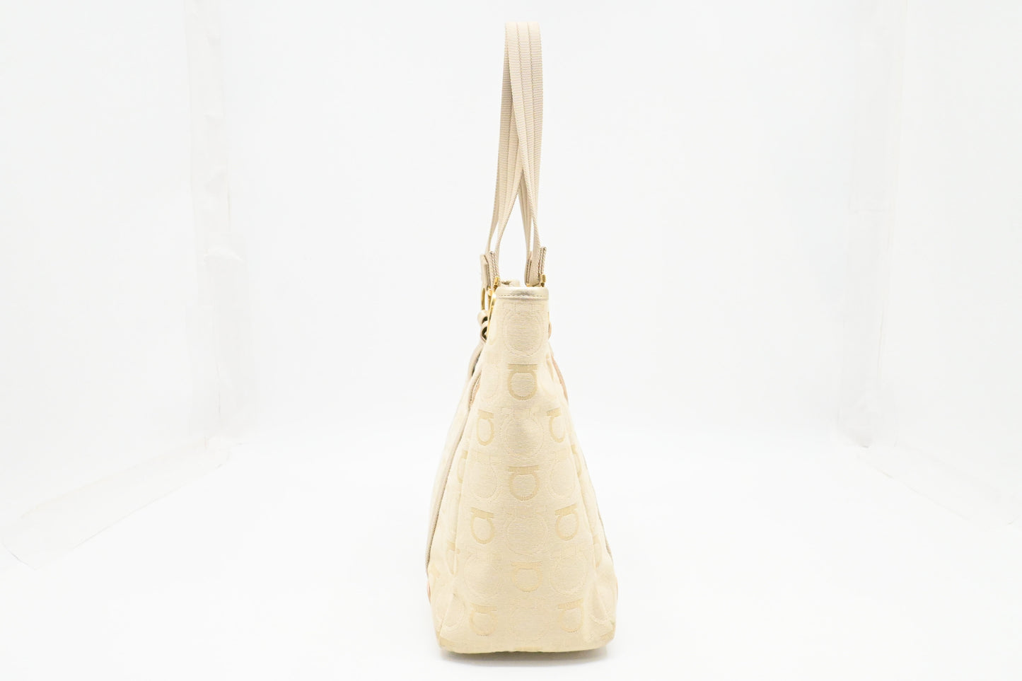 Ferragamo Shoulder Bag in Cream and Gold Canvas