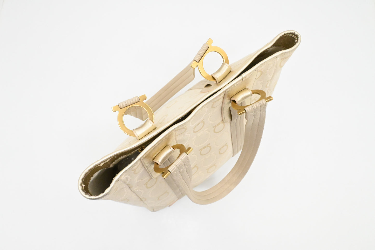 Ferragamo Shoulder Bag in Cream and Gold Canvas