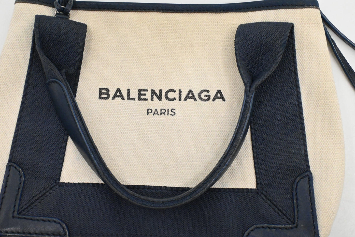 Balenciaga Cabas XS in White and Navy Blue Canvas