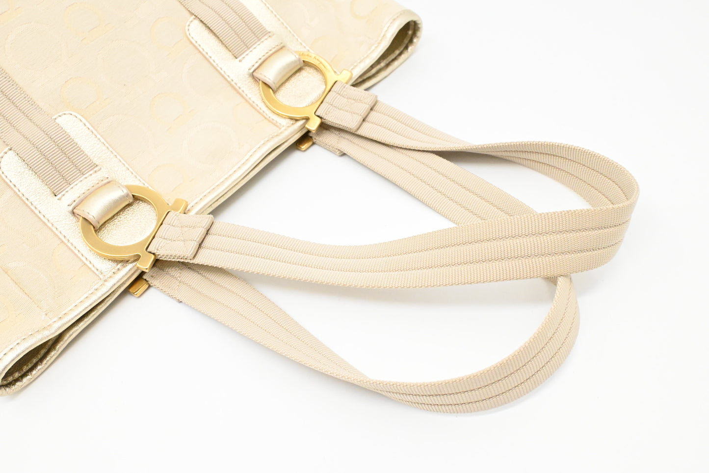 Ferragamo Shoulder Bag in Cream and Gold Canvas