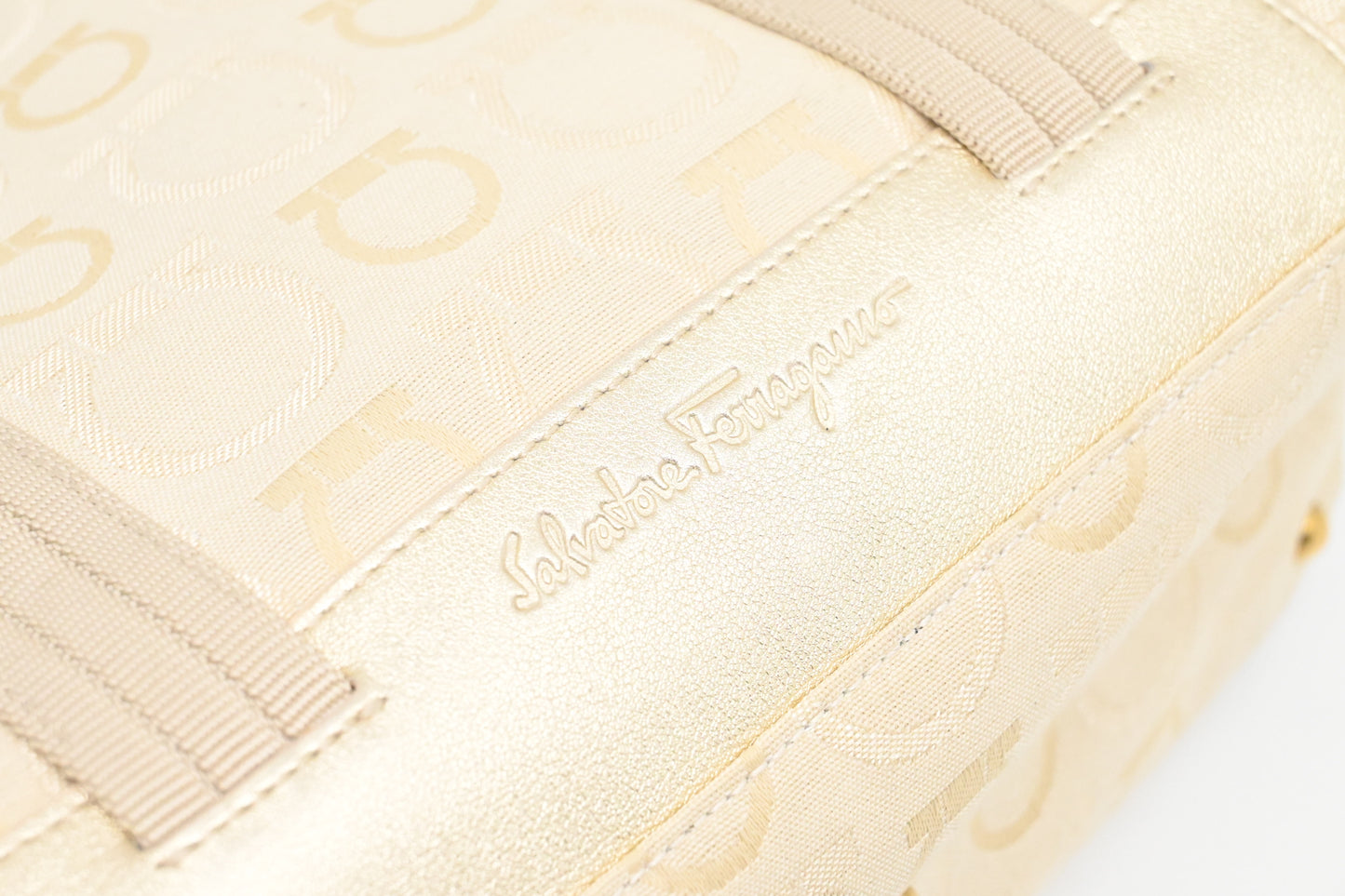 Ferragamo Shoulder Bag in Cream and Gold Canvas