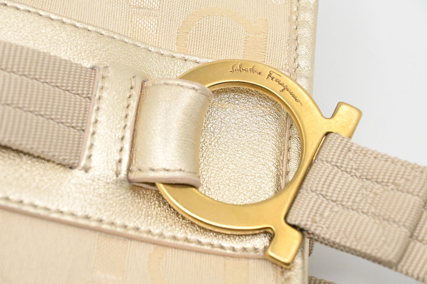 Ferragamo Shoulder Bag in Cream and Gold Canvas