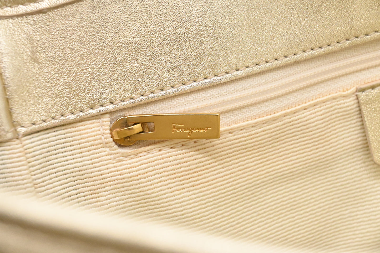 Ferragamo Shoulder Bag in Cream and Gold Canvas