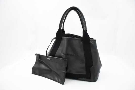 Balenciaga Navy Cabas Small Tote in Black Leather and Canvas