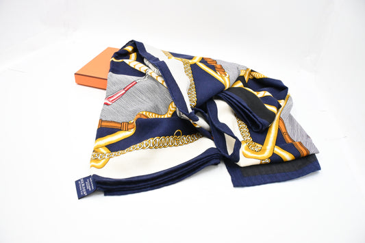 Hermes 'Parcours Sans Faute' Shawl 140 in Navy Blue Cashmere and Silk