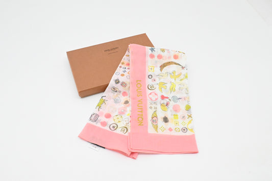 Louis Vuitton Scarf in White and Pink Multicolor Cotton