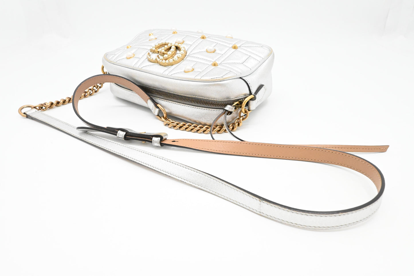 Gucci Mini Marmont Crossbody in Silver Leather