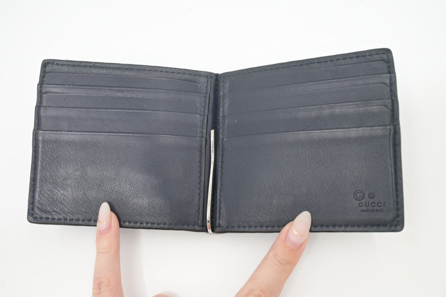 Gucci Bifold Money Clip Wallet in Navy Blue Leather