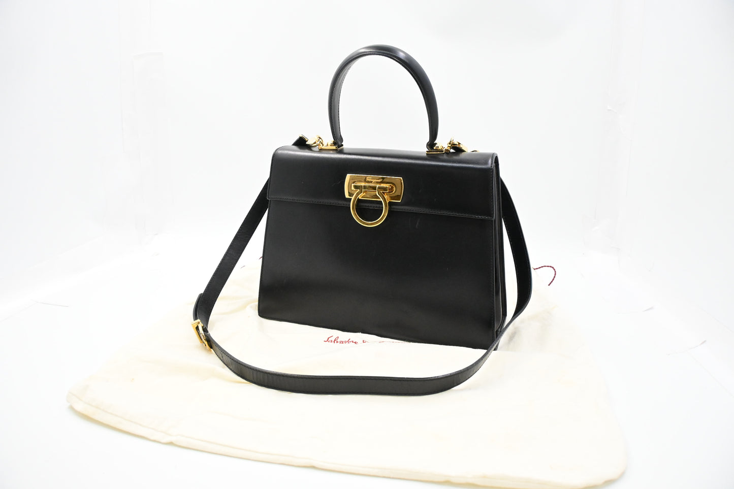 Ferragamo Gancini Two Way Handbag in Black Leather