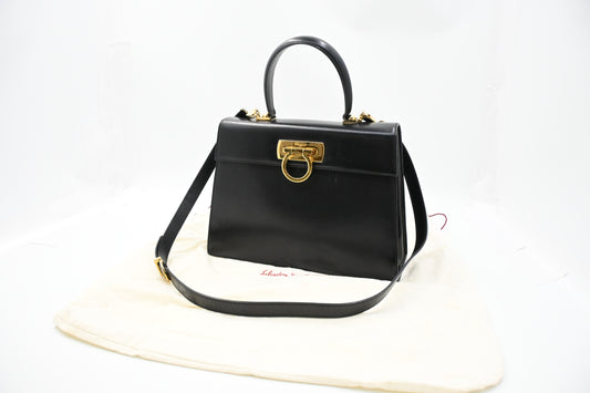 Ferragamo Gancini Two Way Handbag in Black Leather