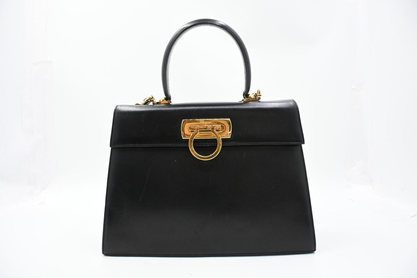 Ferragamo Gancini Two Way Handbag in Black Leather