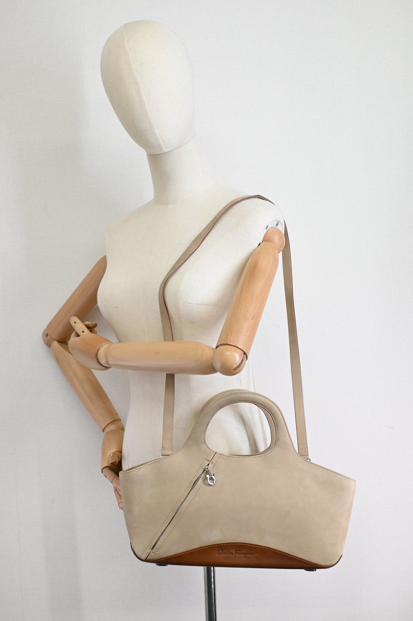 Ferragamo 2way Bag in Beige Suede Leather