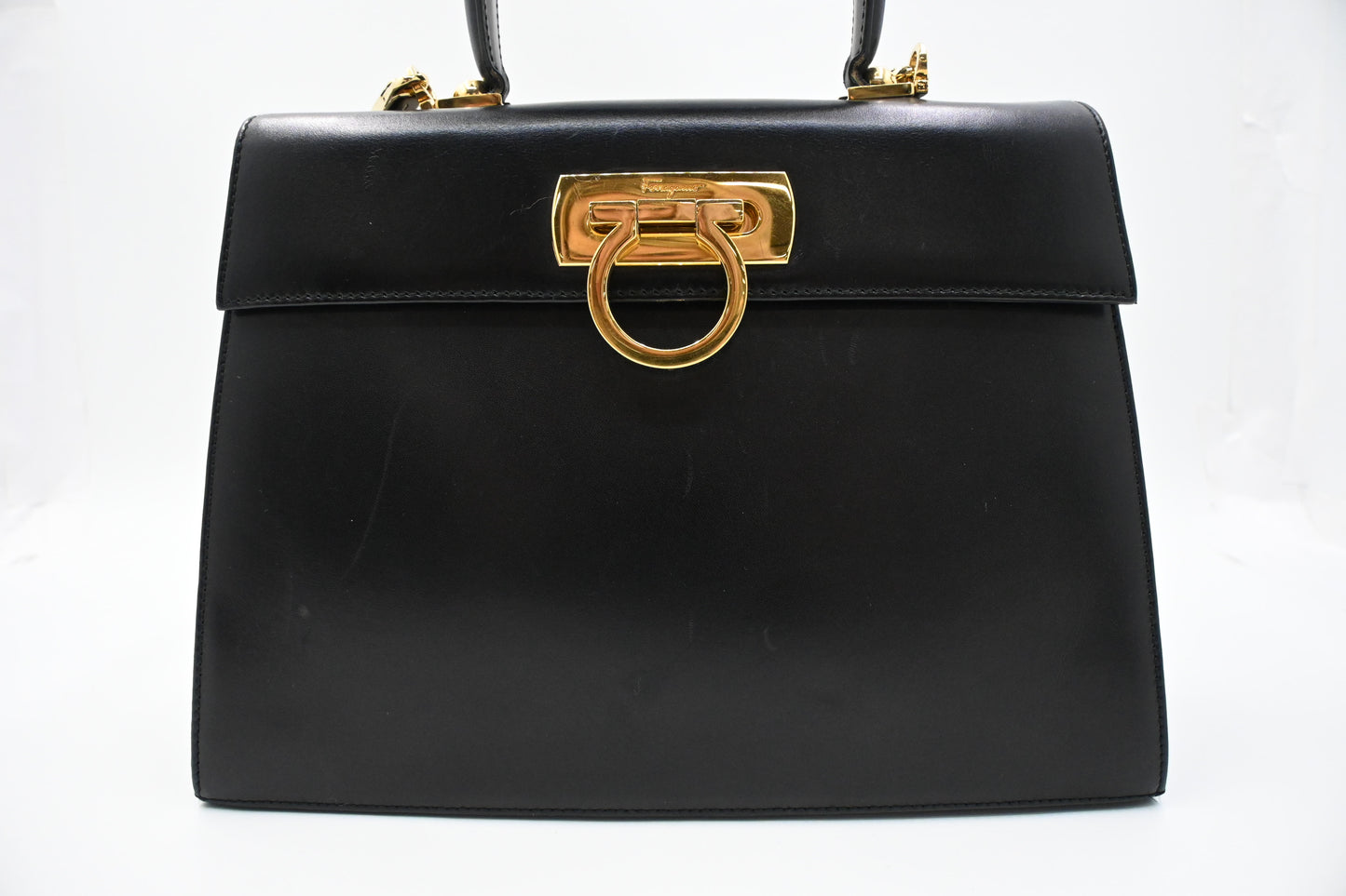 Ferragamo Gancini Two Way Handbag in Black Leather
