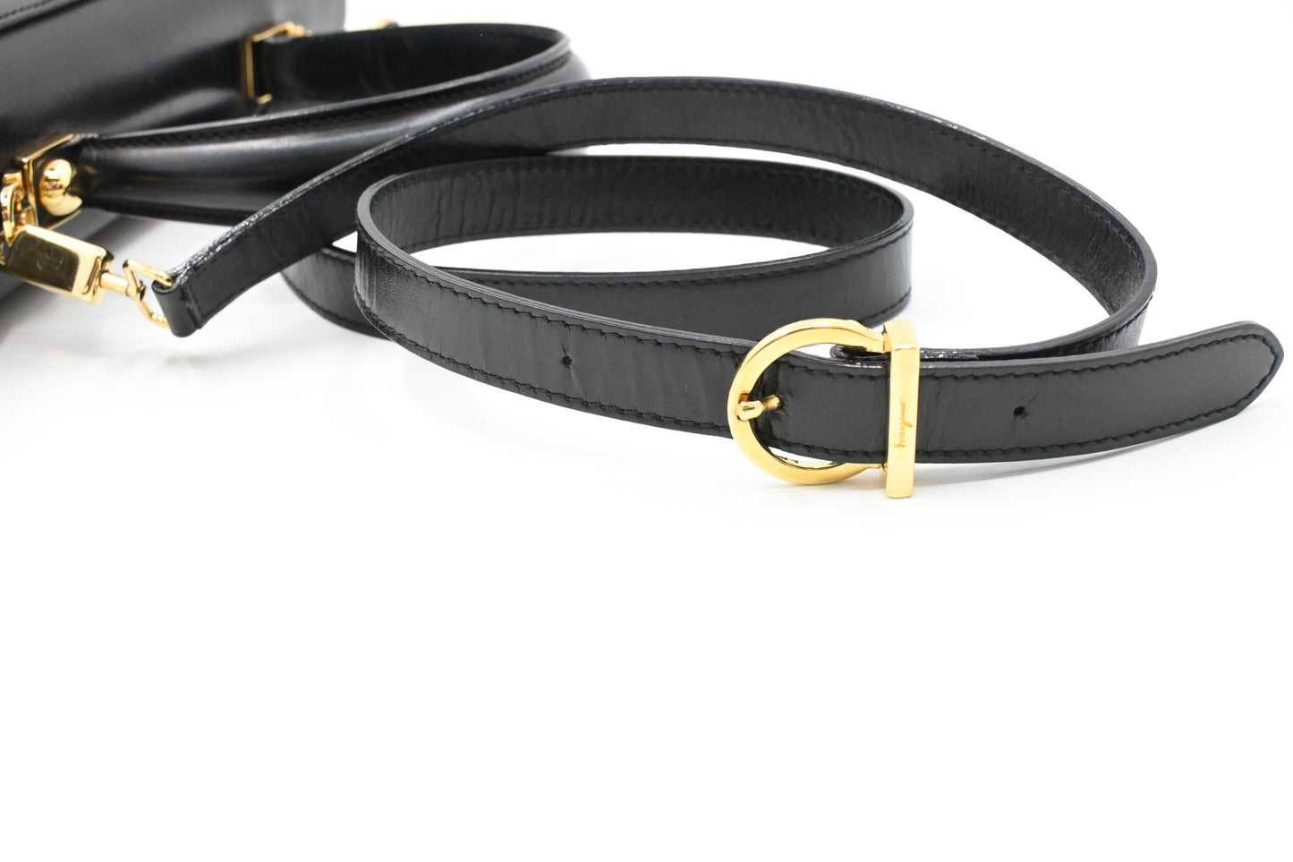 Ferragamo Gancini Two Way Handbag in Black Leather