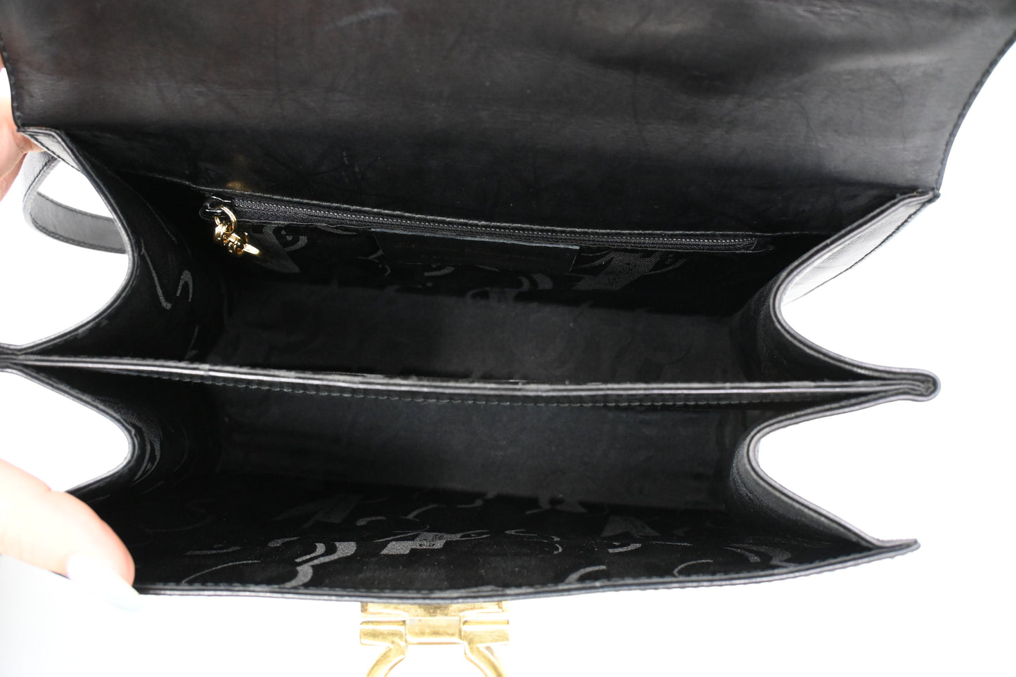 Ferragamo Gancini Two Way Handbag in Black Leather