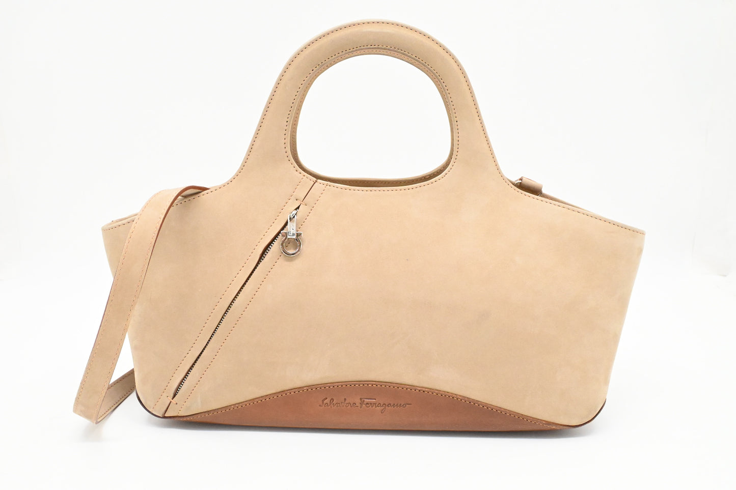 Ferragamo 2way Bag in Beige Suede Leather