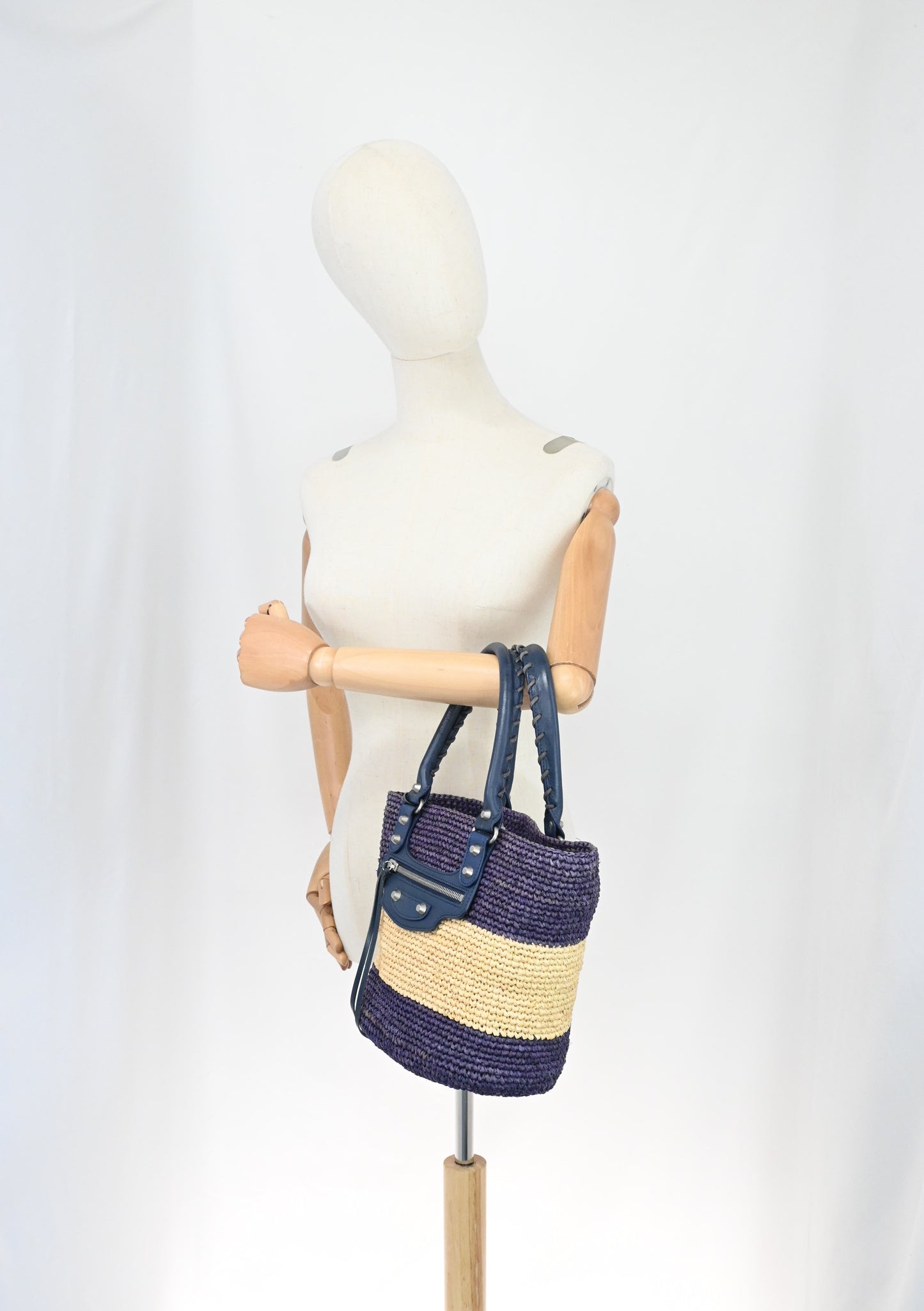Balenciaga Small Panier Basket Bag in Blue and Cream Wicker