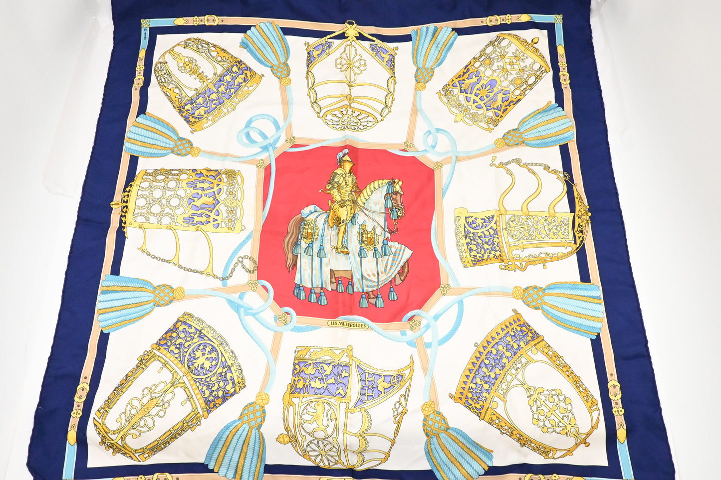 Hermes 'Les Muserolles' Carre 90 in Navy Blue Silk