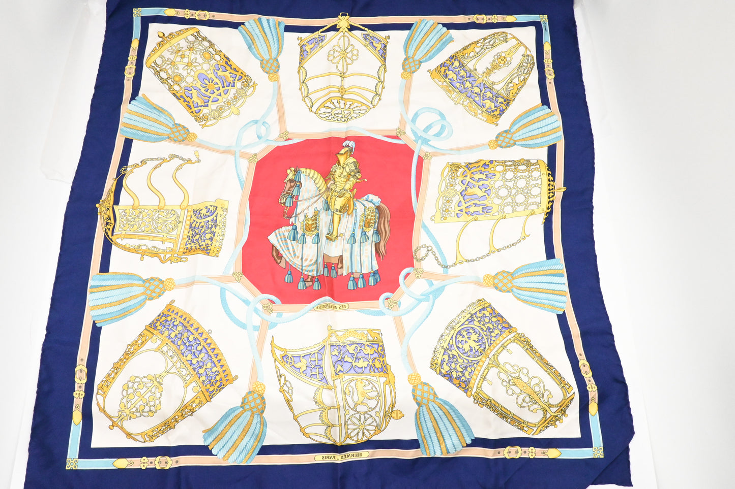 Hermes 'Les Muserolles' Carre 90 in Navy Blue Silk