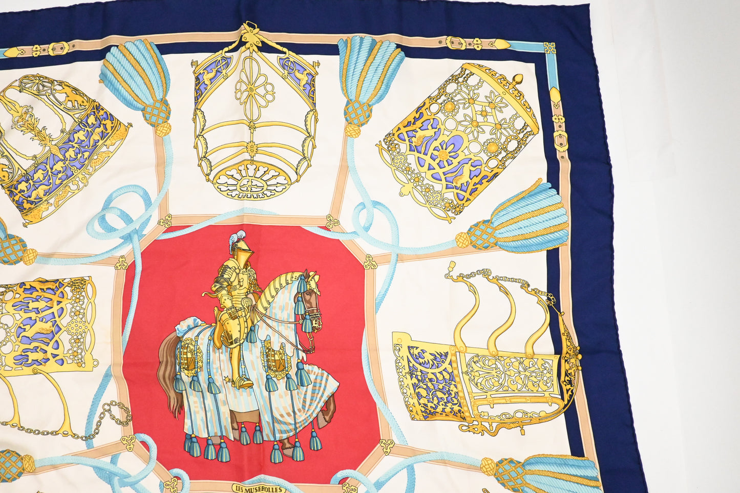 Hermes 'Les Muserolles' Carre 90 in Navy Blue Silk