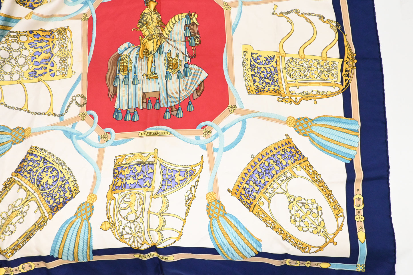 Hermes 'Les Muserolles' Carre 90 in Navy Blue Silk