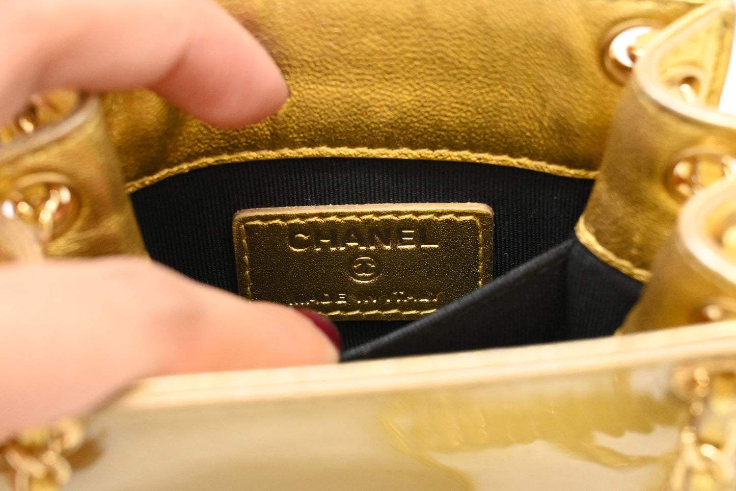 Chanel Chain Phone Bag in Gold Patent Leather
