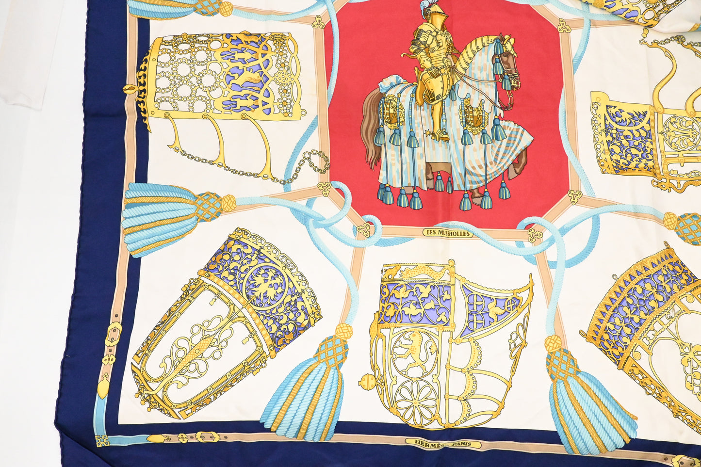 Hermes 'Les Muserolles' Carre 90 in Navy Blue Silk