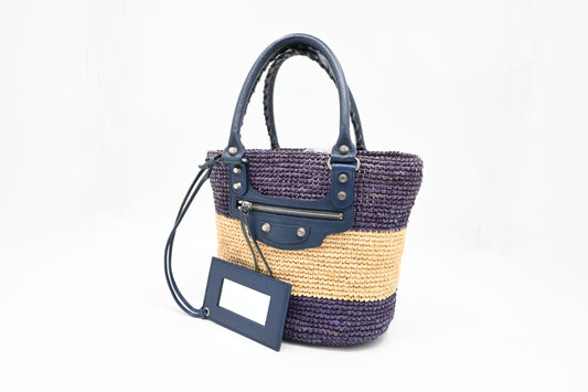 Balenciaga Small Panier Basket Bag in Blue and Cream Wicker