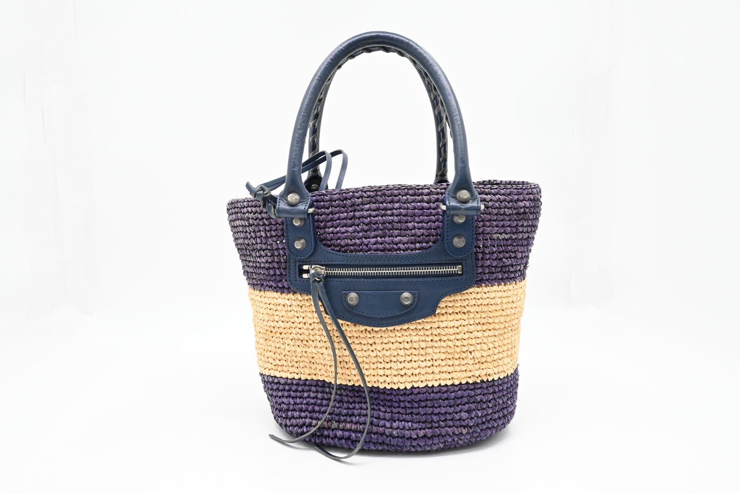 Balenciaga Small Panier Basket Bag in Blue and Cream Wicker