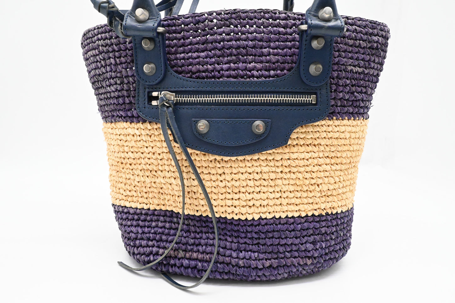 Balenciaga Small Panier Basket Bag in Blue and Cream Wicker