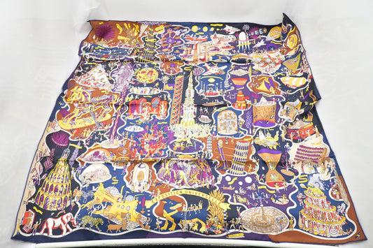 Hermes 'Exposition' Carre 90 in Navy Multicolor Silk