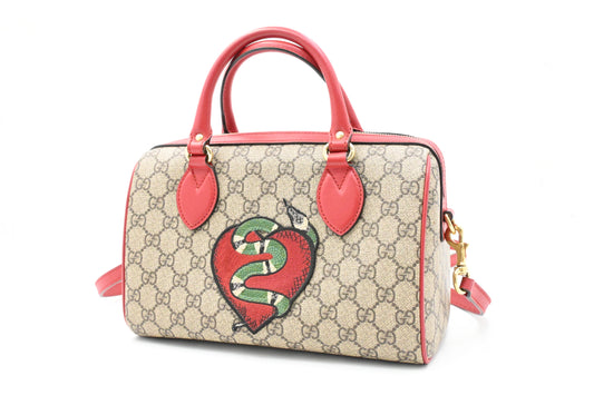 Gucci Snake Boston Bag in GG Supreme Canvas and Red Leather