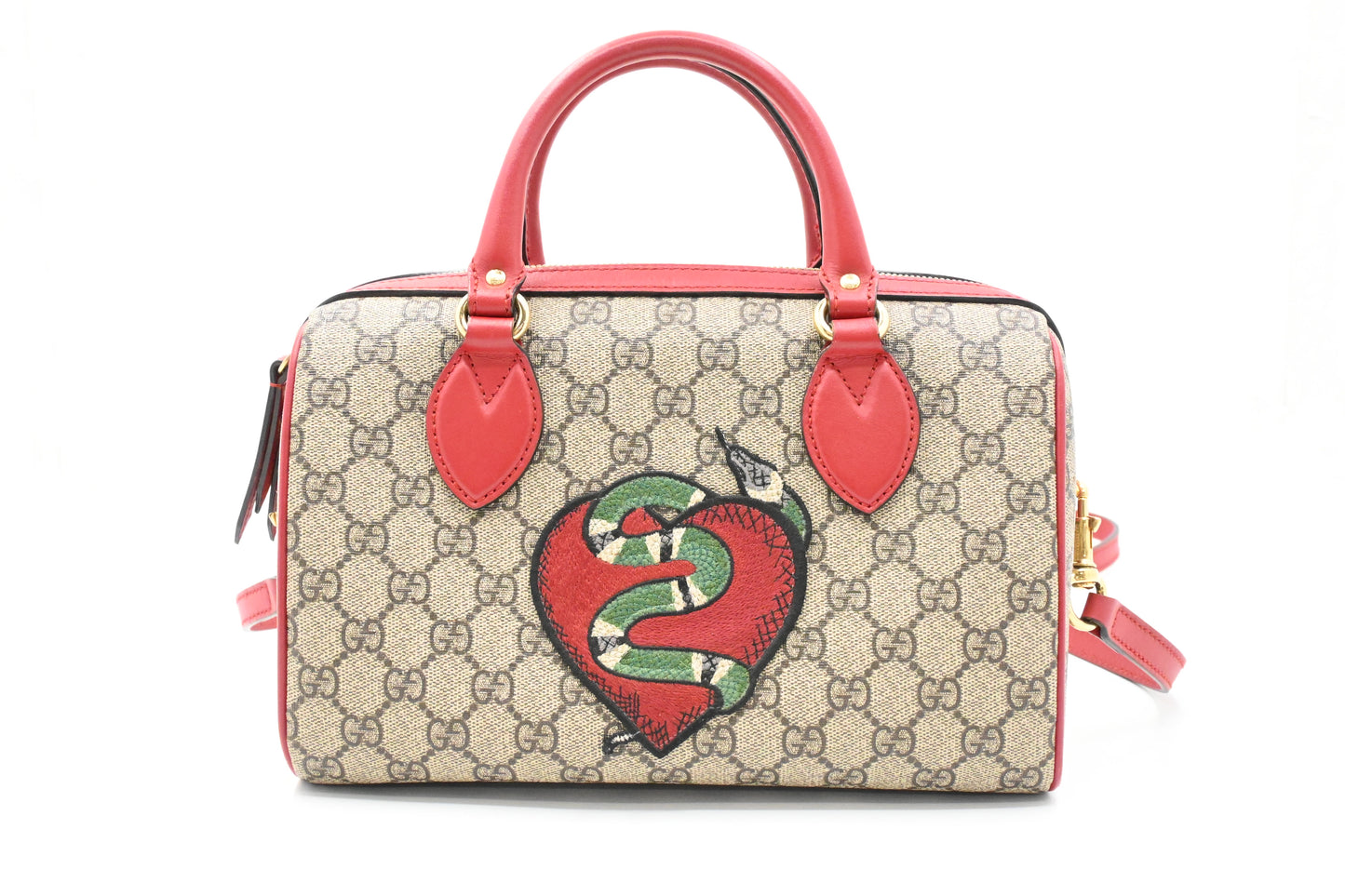 Gucci Snake Boston Bag in GG Supreme Canvas and Red Leather