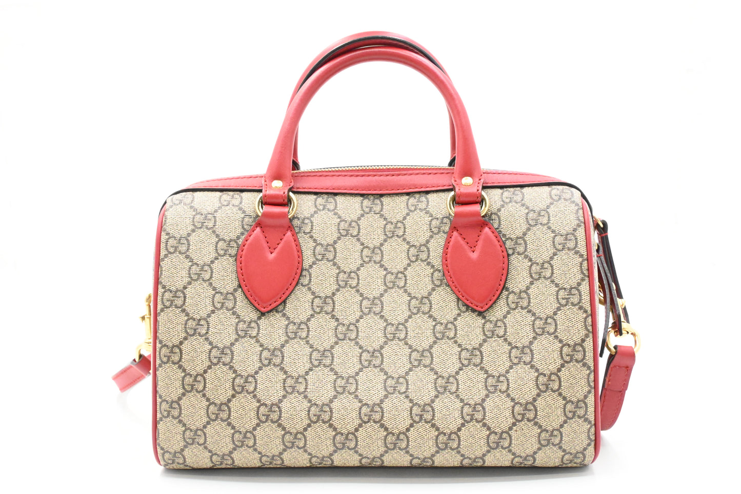 Gucci Snake Boston Bag in GG Supreme Canvas and Red Leather