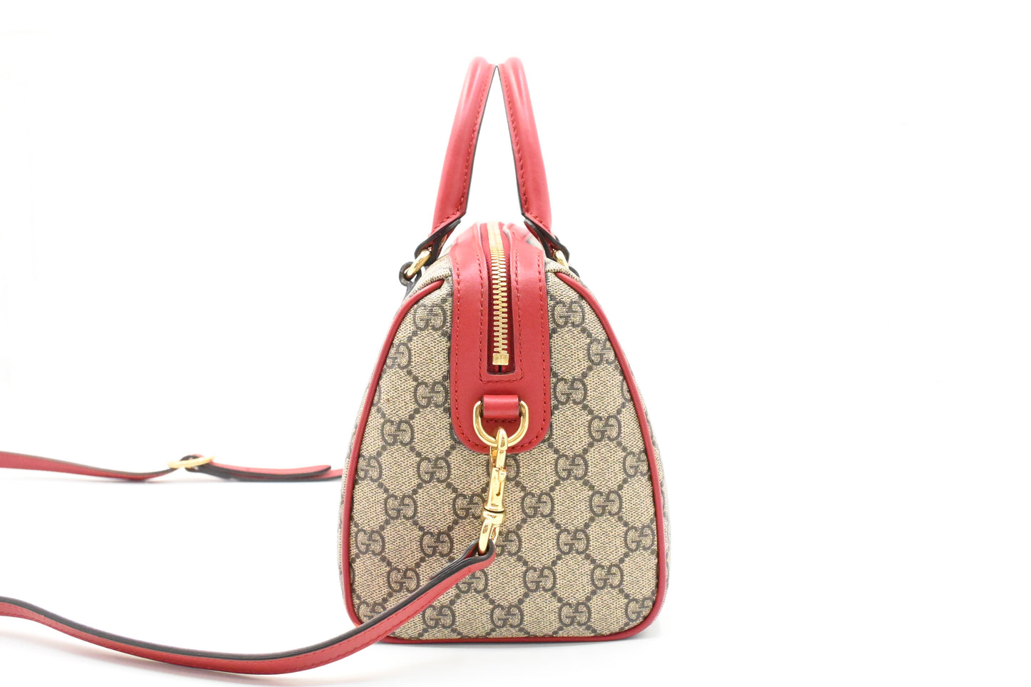 Gucci Snake Boston Bag in GG Supreme Canvas and Red Leather